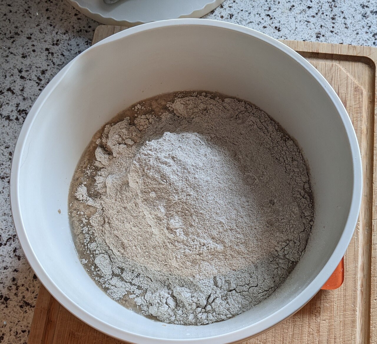 Add rye flour, then mix very well